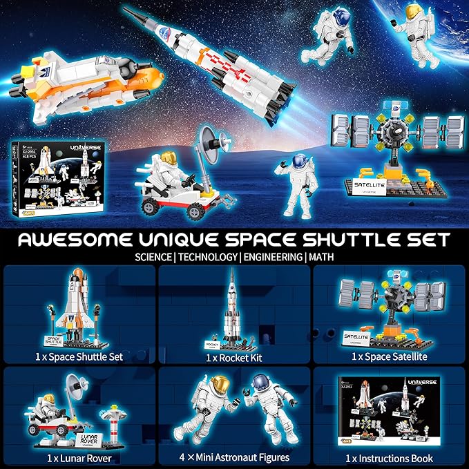 Basket Stuffers Toys for Kids Boys Girls, Interstellar Space Shuttle Toys for 6, 7, 8, 9, 10+ Year Old, Rocket Spaceship Building Toy with 4 Astronauts, Easter Hunt Party Favor Gifts, 415 PCS