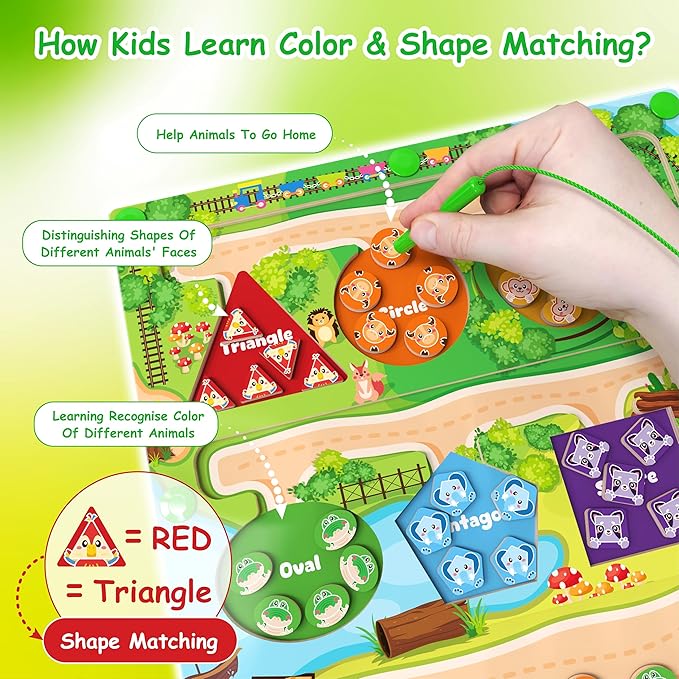 Magnetic Color & Shape Maze, Montessori Wooden Color Shape Matching Puzzle Board - Educational Learning Toys, Toddler Fine Motor Skills Sensory Toys for Boys Girls 3 4 5 Years Old Gift