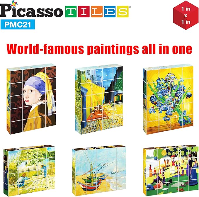 PicassoTiles 1” Magnetic Puzzle Building Cubes Blocks of Popular World Famous Art Paintings with Free Frame, Educational STEAM Toys for 3+ Year Old Boys Girls Toddlers Or Preschool Age Children PMC21