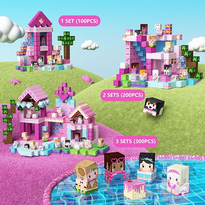 GobiDex 100PCS Magnetic Blocks Princess Building Toys for Girls 3+, Magnet Pink Castle STEM Sensory Playsets for Toddler Kids Birthday Gifts