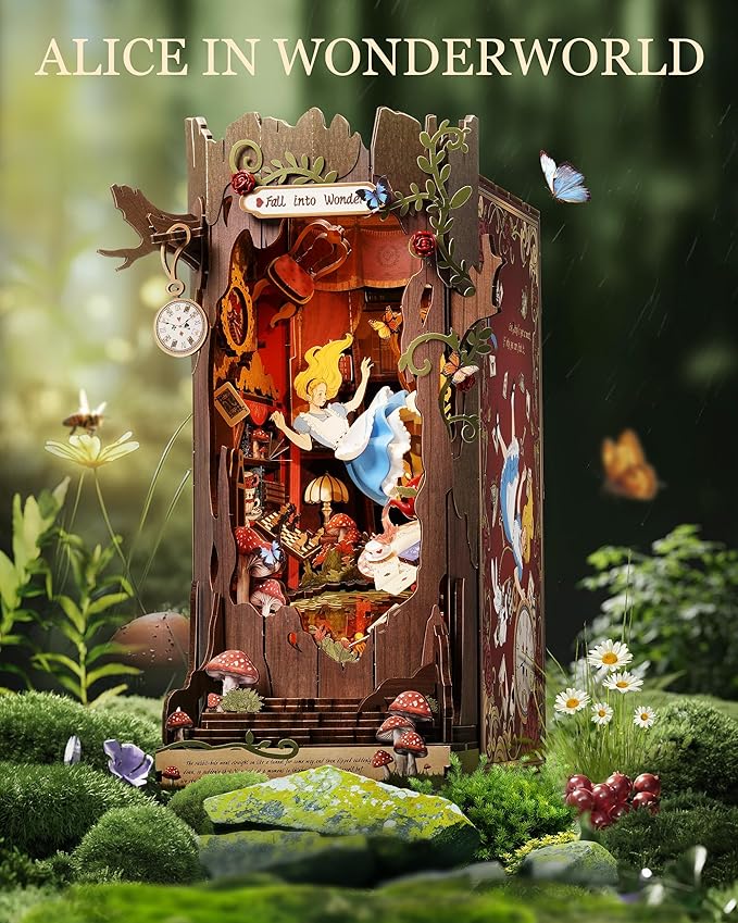 Rolife DIY Book Nook Kits Fall into Wonder, Fairy Tale Bookend Wooden 3D Puzzles for Bookshelf Decor, DIY Miniature House Building Kit for Adults, DIY Crafts/Surprised Gifts for Teens & Book Lovers