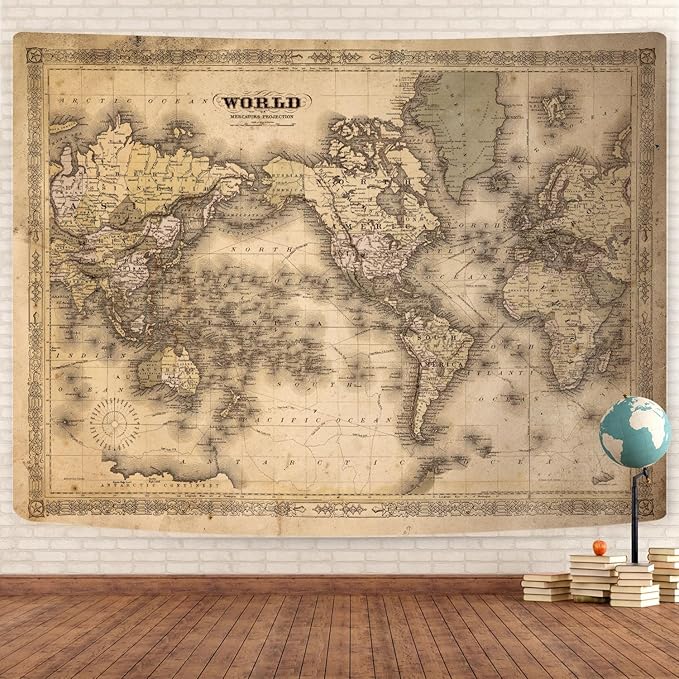 GOAOK Retro Old World Map - Vintage Asian & European Topography - Educational Tapestry for Classroom & Office - Brown Adventure Travel World Map - 60"X40"