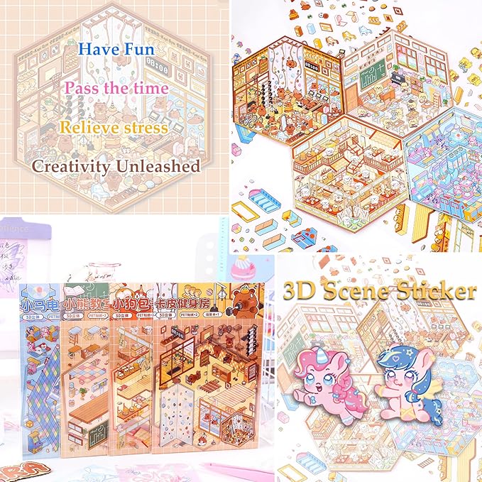 DIY 3D Sticker Scene 4 Sets of Scene Stickers Make Your Own Mini Shop Sticker Cute Miniature Cartoon Therapy Stickers for Kids Adult