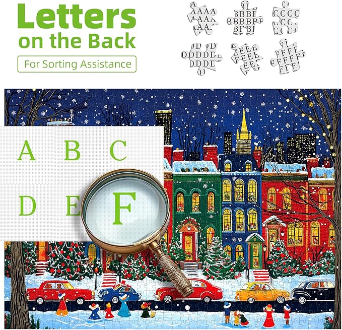 Vintage Winter Christmas City Jigsaw Puzzle 1000 Pieces for Adults with Back Letters - Snowy Nightscape with Santa Claus Trees Cars Family Challenge Gift Game Night Size (27.6x19.7) Inch