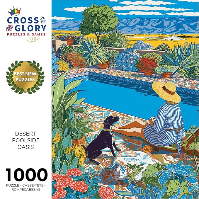 Cross & Glory - Desert Poolside Oasis - 1000 Piece Jigsaw Puzzle for Adults | Vibrant Desert Landscape and Pool Scene for Nature Lovers