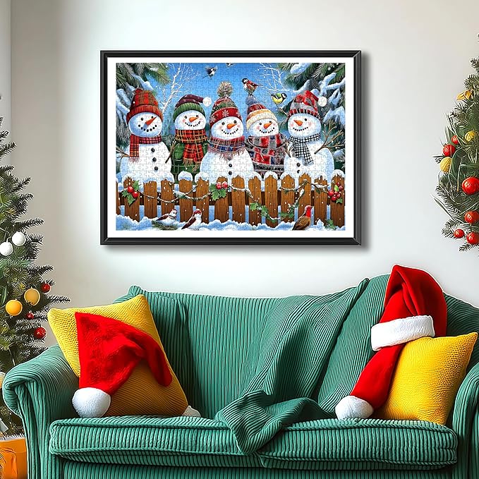 Winter Snowmen Christmas Jigsaw Puzzle 1000 Pieces for Adults Festive Holiday Scene with Birds & Snowy Fence Puzzle with Letters on Back Family Challenge Perfect for Game Night (27.6x19.7 Inch