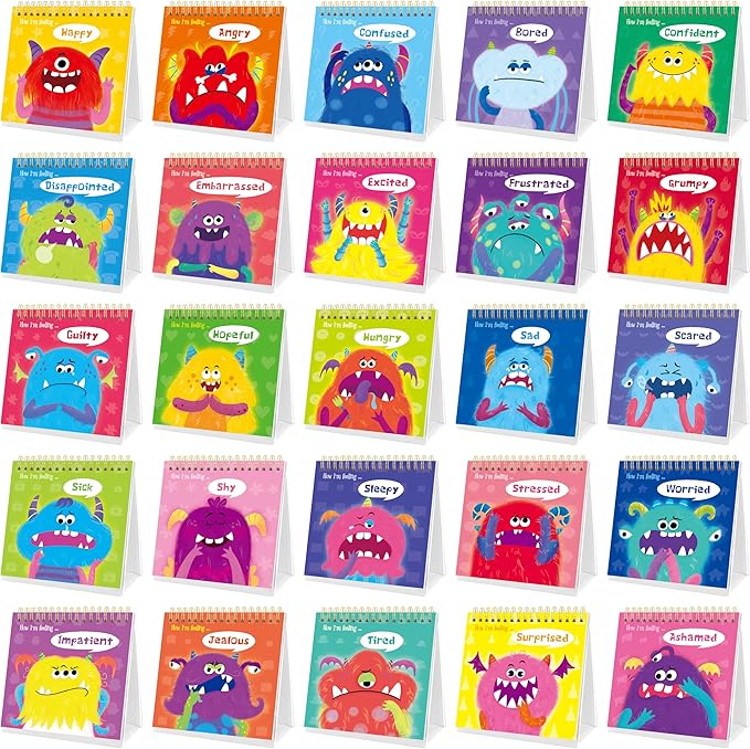 Emotions Flip Chart, 25 Different Feelings with Coping Skills-Learn to Identify Various Moods, Cartoon Faces Emotions for Kids with Autism, ADHD-Emotion Flipbook for Therapy, Home Use (Monsters Ver.)
