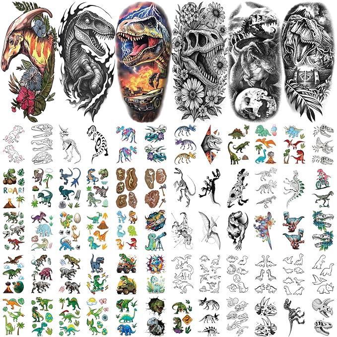 77PCS Dinosaur Temporary Tattoos for Kids Teens, 17PCS Half Sleeve Tyrannosaurus T-Rex Triceratops Pterosaur Kids Temporary Tattoos, 60PCS Raptor Fake Tattoos Stickers Cosplay Birthday Party Supplies
