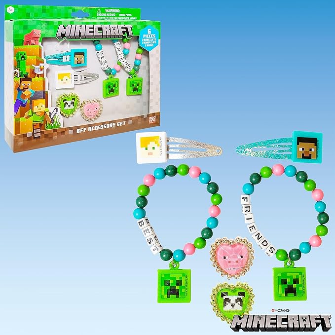 LUV HER Minecraft Girls BFF 6 Piece Toy Jewelry Box Set with 2 Rings, 2 Bead Bracelets and Snap Hair Clips Ages 3+