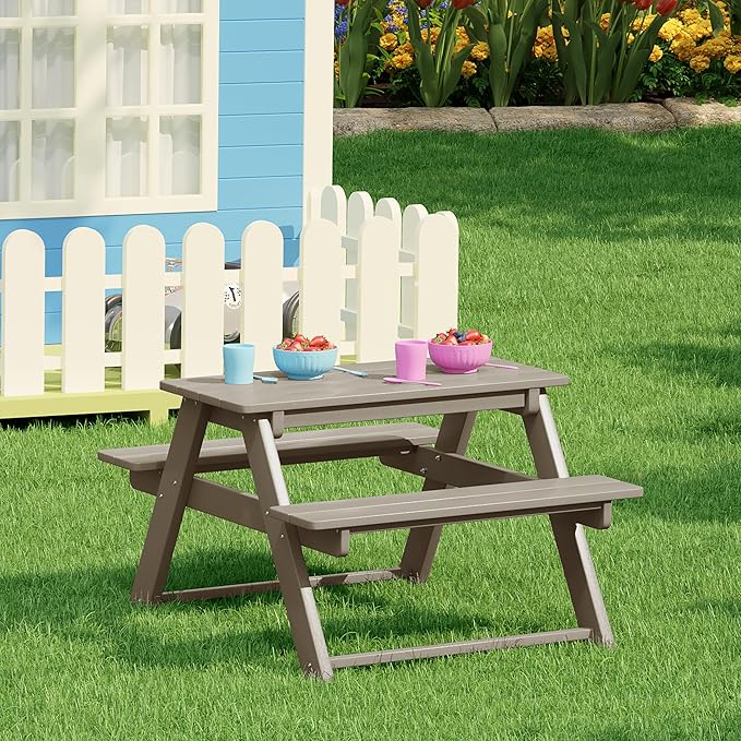 Costaelm Kids Picnic Table, HDPE All Weather Outdoor Toddler Picnic Table and Chair Set Kids Bench for Patio, Backyard, Garden, Lawn, Weathered Wood