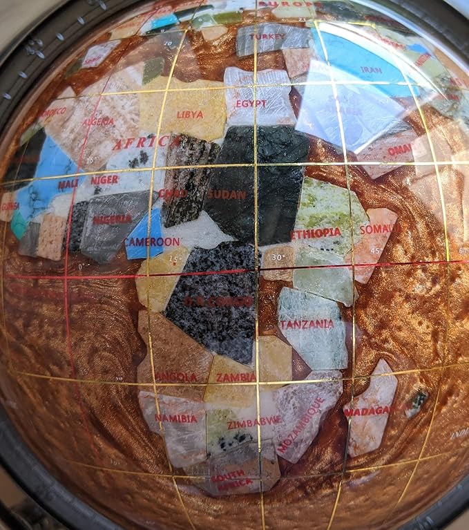 Unique Art 10-Inch Tall Table Top Amber Pearl Swirl Ocean Gemstone World Globe with Silver Zinc Alloy Stand (150 GB Amber Silver)