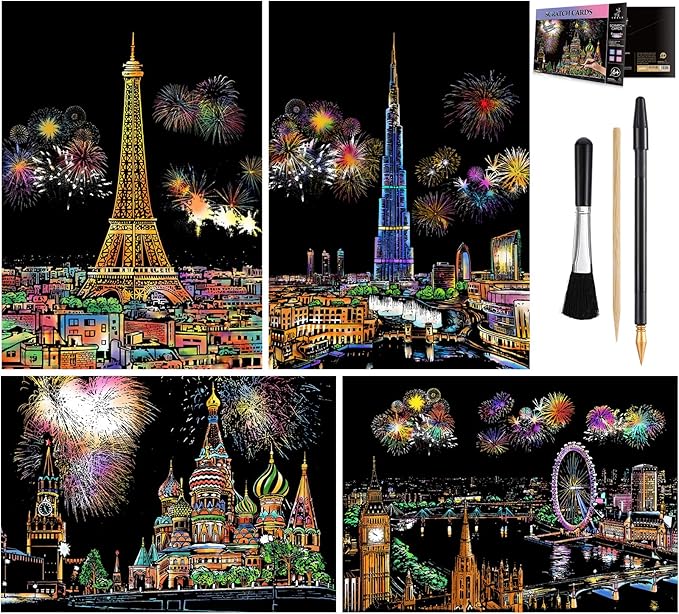 Rainbow Scratch Art Painting Paper (A4) for Adult & Kids, Night View Scratchboard, Engraving Art Set: 4 Sheets Scratch Cards & Clean Brush, Drawing Pen (Eiffel Tower/Big Ben/Moscow/Burj Khalifa)