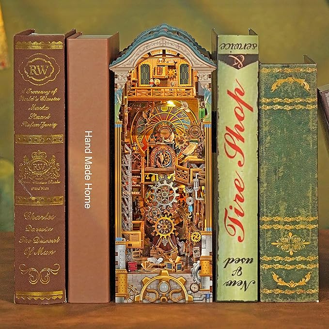 Tonecheer DIY Book Nook Kit for Adults, 3D Wooden Puzzle Bookend Miniature House Kit, Booknook Bookshelf Insert Decor with Dust Cover and LED Lights Gifts (Clock Tower)