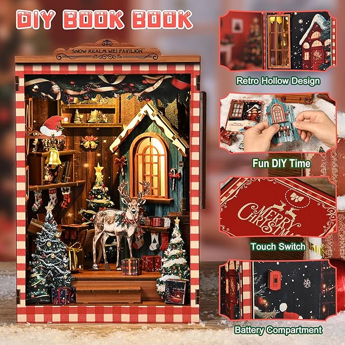 ISSEVE Book Nook Kit, DIY Miniature House Kit for Adults Teen Beginners, Dollhouse Mini Booknook Kits, Tiny House Bookshelf Decoration, 3D Wooden Puzzles Crafts Gifts (Merry Christmas)