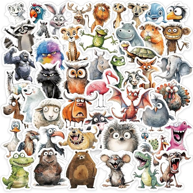 50 Pcs Funny Quirky Crazy Animal Stickers for Kids Teacher Water Bottle Laptop Phone Case Kindle Suitcase Scrapbook Diary Notebook Craft, Waterproof Vinyl Sticker Decal