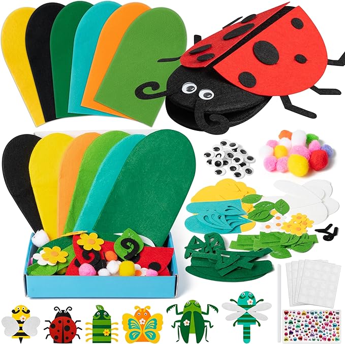 WATINC 6Pcs Hand Puppet Making Kit, Art Craft Felt Sock Puppet Toys, Creative DIY Make Your Own Pompoms Wiggle Googly Eyes Storytelling Role Play Party Supplies Gift for Girls Boys (Insect)