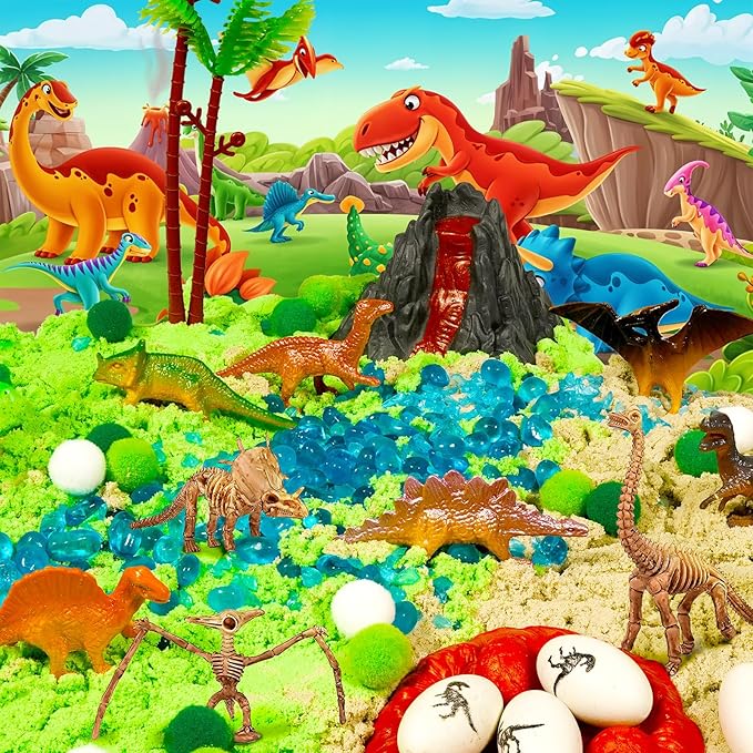 Bbiamsleep Dinosaur Sensory Bin, 147 Pcs Dinosaurs Sand Kit with Sandbox 2.2 lbs Color Sensory Sand 10 Dinosaur Mould 9 Tools Dinosaur Sensory Bin Fillers for Birthday Party