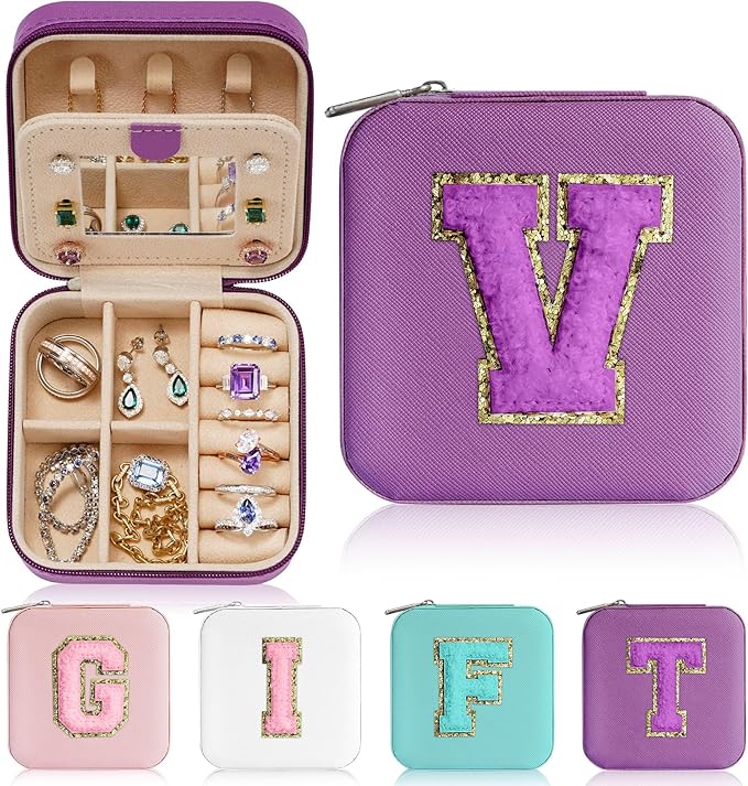Parima Travel Jewelry Organizer Box - Small Case for Women, Mini Jewelry Box - Letter V, Purple