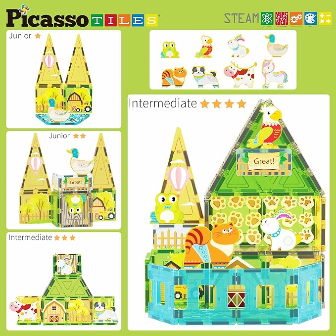 PicassoTiles Magnetic Tile Farm Animal Building Playset with 8 Character Figures STEM Construction Toy for Kids Age 3 Plus Educational Pretend Play Learning Blocks Farmyard Creative Activity Kit PTQ17