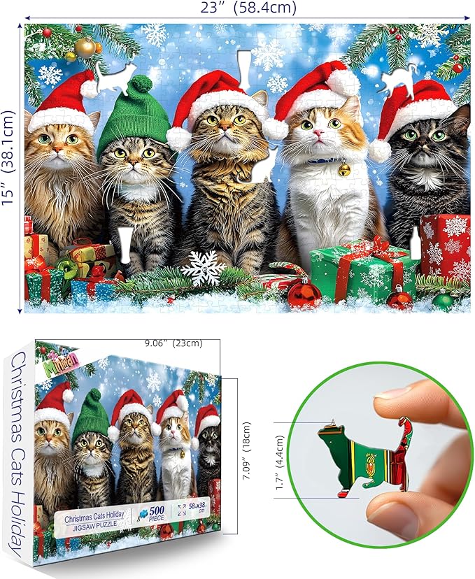 500 Piece Christmas Jigsaw Puzzle for Adults - Cute Cats in Santa Hats & Elf Hat with Unique Shaped Pieces, 23x15 Inch Holiday Puzzle for Home Decor