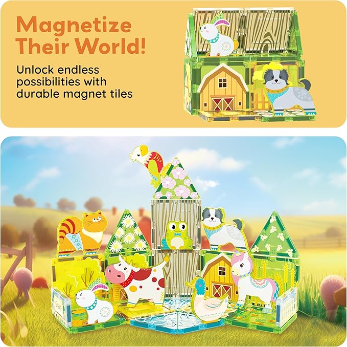 PicassoTiles 26pcs Magnetic Tiles Magnet Tile Building Blocks Printed Fall Farm Themed Animal Toy Set with 8 Farmyard Animals Character Action Figures STEM Learning Playset for Kids, Ages 3+ PTQ27