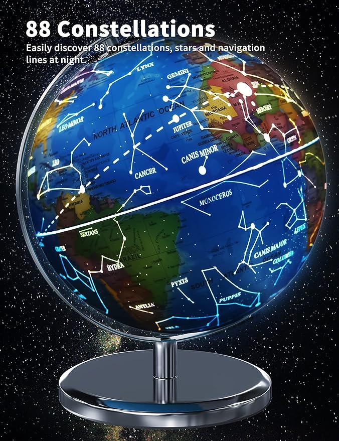 Illuminated World Globe with Stand, 9" Earth Globes with Stable Heavy Metal Base for Kids Classroom Learning, LED Constellation Globe Night Light with HD Printed Map