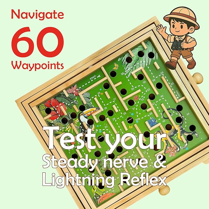 STERLING Wooden Labyrinth Marble Maze Game, Large 12.75" x 11.5" Tilt Maze Game Board with 60 Waypoints and Marble Balls Included, for Kids and Adults 6 Years and Up, Natural Jungle