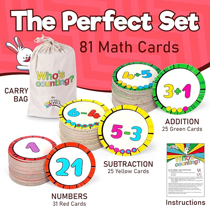 Active Learning Who’s Counting Game: 81 Oversized 0-30 Number, Addition Subtraction Sturdy Floor Activity Math Cards, Multiuse Games, Two Levels of Age: 3-4 and 5+ (Addition)