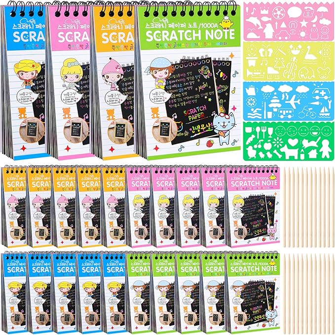 24 Pack Scratch Arts and Crafts Notebooks, Rainbow Art Scratch Note, Stuffers Essentials Gifts for Kids Ages 4-8 Birthday Party Favors Classroom Prizes