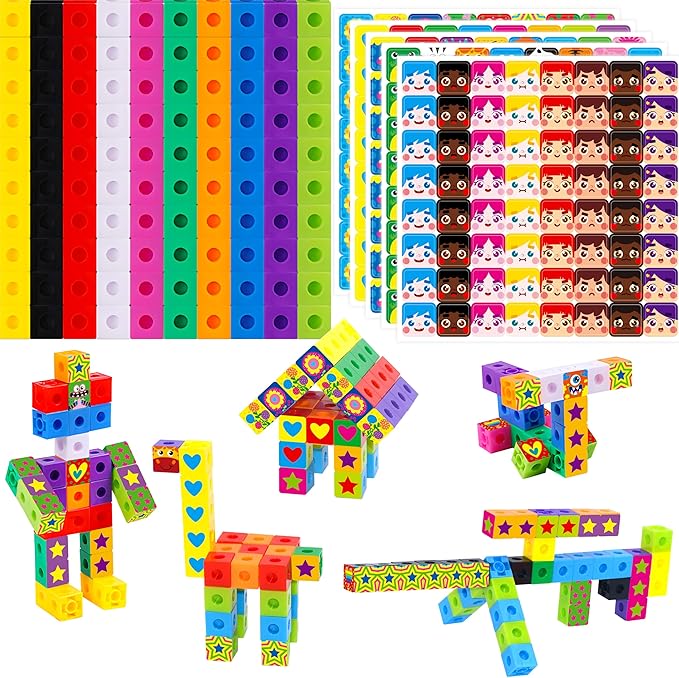 100 Math Linking Cubes, Math Cubes with 320 Reusable Stickers Manipulative Geometric Shapes Connecting and Counting Snap Blocks for Early Math & Construction, Educational Toy for Preschool, Homeschool
