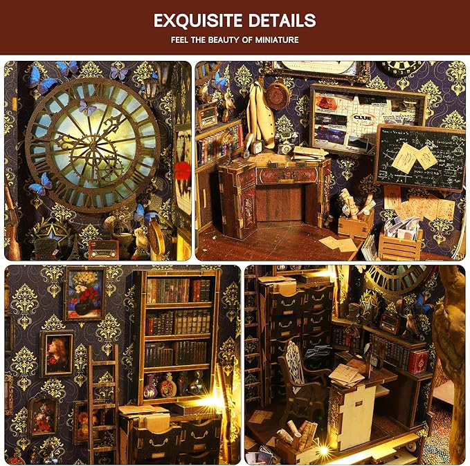 Book Nook Kit, DIY Dollhouse Booknook Bookshelf Insert Decor Alley, DIY Book Nook Miniature Kit with Lights, 3D Wooden Puzzle Decorative Bookend Miniature Model Kits for Adults