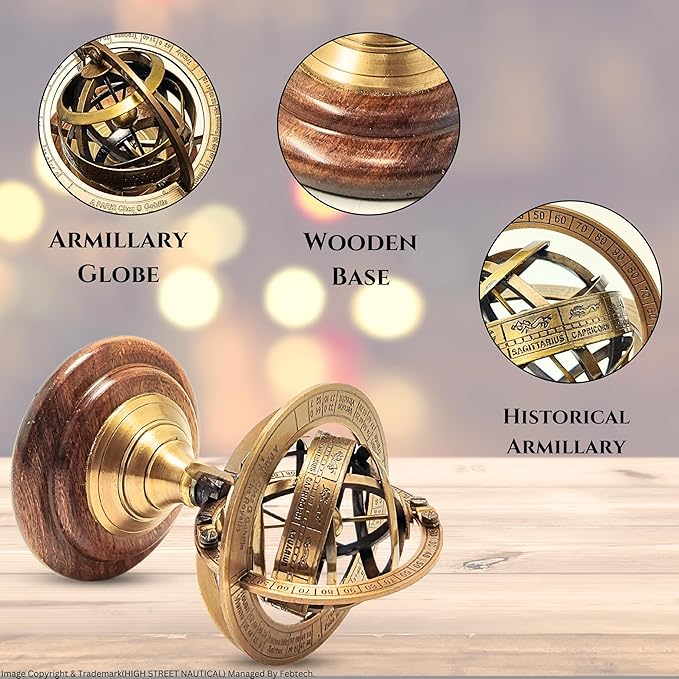 Antique Style Nautical Brass Armillary Sphere World Globe Astrolabe Mounted on Wooden Base - Perfect Decor Accent for Office