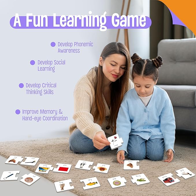 Rhyming Puzzles, 26 Groups Rhyming Word Cards Phonics Matching Game Self-Correcting Puzzle Early Childhood Learning Card for Kindergarten Preschool