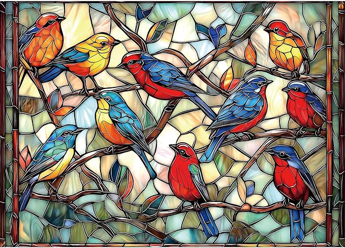 Stained Glass Birds 1000 Piece Puzzle for Adults - Challenging Vintage Window Art Jigsaw Puzzles, Family Game Night Activity, Finished Size 27.6 x 19.7 Inch
