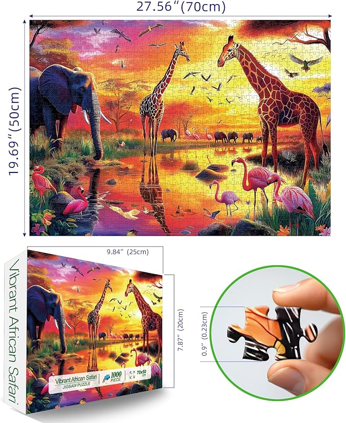 Animal Jigsaw Puzzles for Adults 1000 Pieces Nature Wildlife Scene with Elephants Lion Tiger Giraffes Flamingos Puzzle Family Challenging Funny Puzzle Perfect for Game Nights (27.5"X19.6")