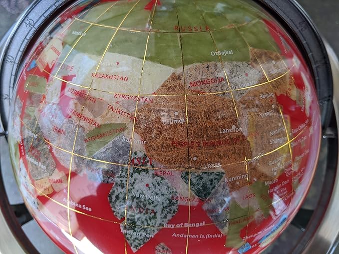 Limited Edition! Unique Art Since 1996 RED Table Top Gemstone World Globe with Tripod Silver Zinc Alloy Stand (220MM/9 INCHES/RED OCEAN)