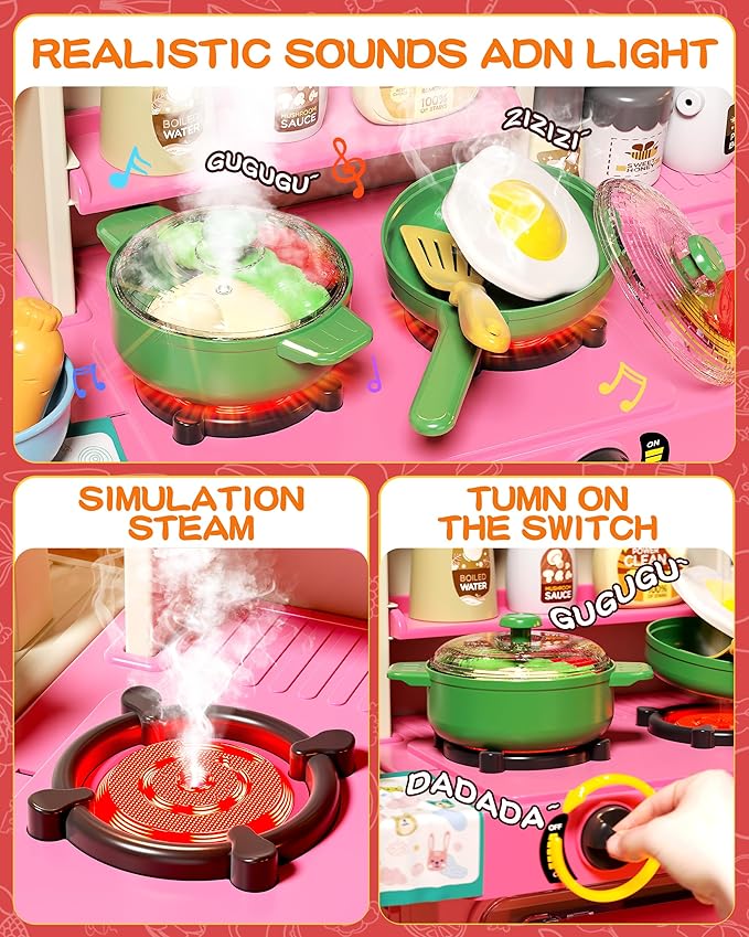 33.8IN Kids Kitchen Playset, 63 PCS Kid Play Kitchen with Realistic Lights & Sounds, Spray Sink Toy Kitchen Accessories, Pretend Food Toys Kitchen for Boys Girls Toddlers(Pink)
