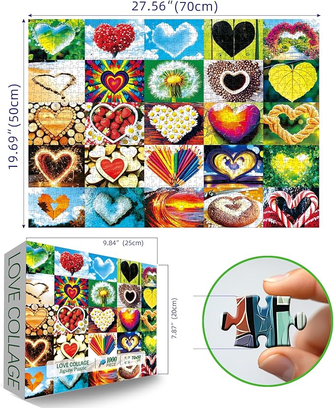 Love Heart 1000 Piece Puzzle for Adults Valentine's Love Collage Puzzles for Adults 1000 Pieces Colorful Love Shaped Jigsaw Puzzles 1000 Pieces Family Challenging Puzzle (27.5"X19.6")