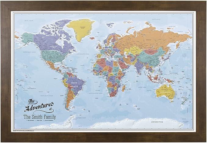 Push Pin Travel Maps Canvas - Personalized Blue Oceans World with Rustic Brown Frame