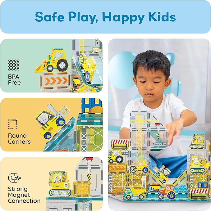 PicassoTiles Magnet Tiles Magnetic Building Blocks with 8 Construction Vehicles Crank Truck Excavator Bulldozer Road Roller Concrete Mixer Tractor Dump Truck Forklift Toys Learning Kids Ages 3+ PTQ11