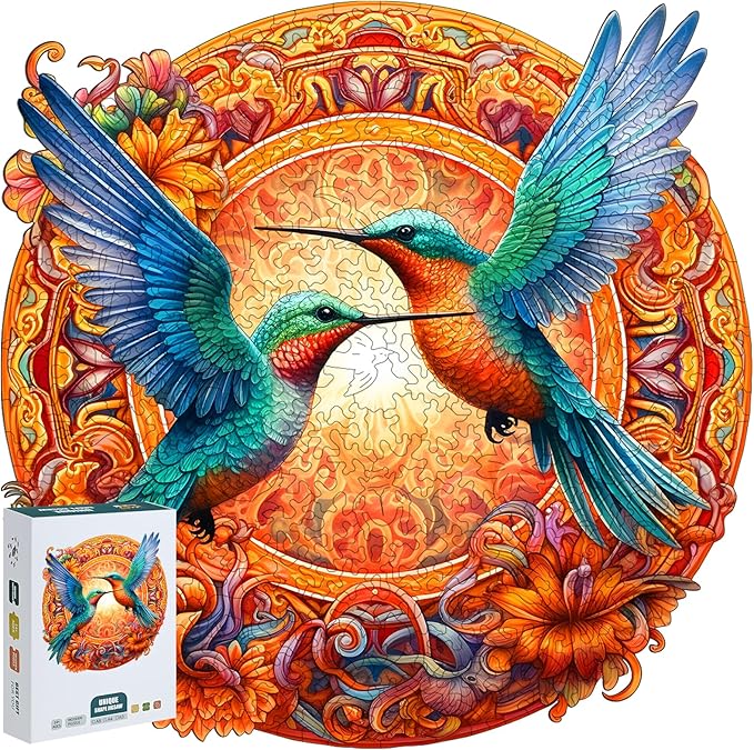 Wooden Jigsaw Puzzle 500 Pieces for Adults - Circular Hummingbird Art Puzzle with Vibrant Floral Background, Challenging Family Leisure Game, Unique Home Decor & Gift Idea