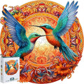 Wooden Jigsaw Puzzle 500 Pieces for Adults - Circular Hummingbird Art Puzzle with Vibrant Floral Background, Challenging Family Leisure Game, Unique Home Decor & Gift Idea