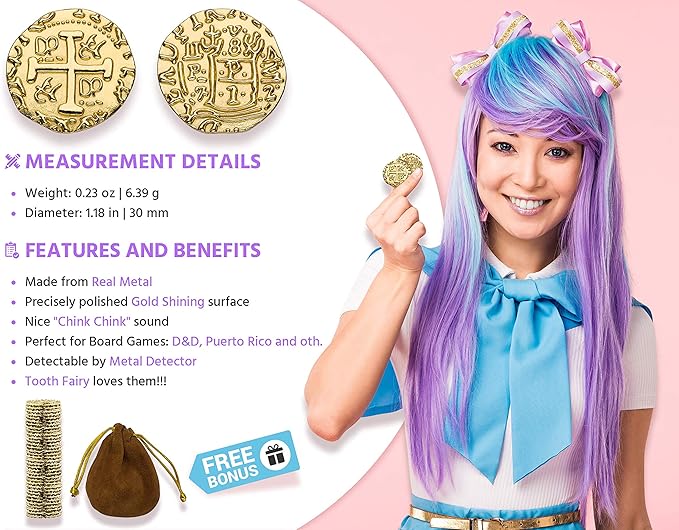Large Metal Pirate Coins - 100 Gold Treasure Coin Set, Metal Replica Spanish Doubloons for Pirate Party Decorations & Favors, Tokens, Toys, Cosplay - Pirate Treasure Chest, Size 1.18"