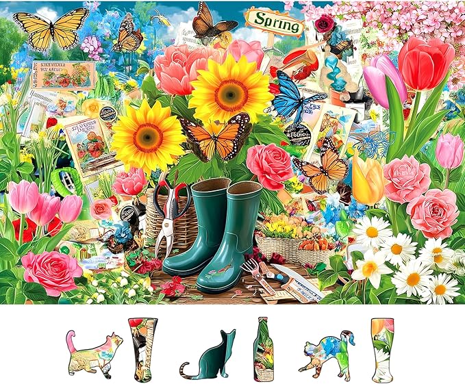 Spring Garden Butterfly 500 Piece Jigsaw Puzzle for Adults Vintage Colorful Flower Art Tulips Sunflowers Puzzle with Letters on Back Fun Family Challenging Games Gift for Seniors (23"x15")