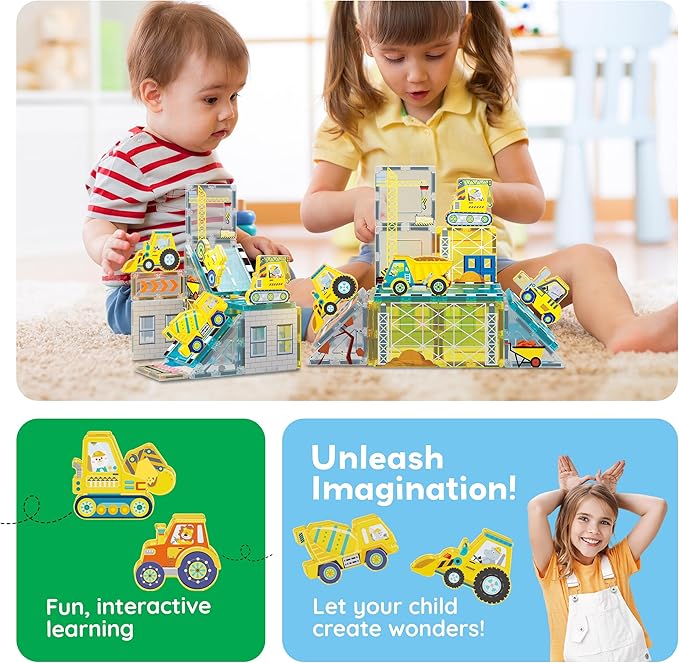 PicassoTiles Magnet Tiles Magnetic Building Blocks with 8 Construction Vehicles Crank Truck Excavator Bulldozer Road Roller Concrete Mixer Tractor Dump Truck Forklift Toys Learning Kids Ages 3+ PTQ11