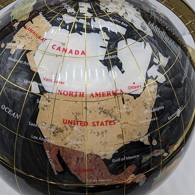 Limited Edition! Unique Art Since 1996 Black Pearl Swirl Table Top Gemstone World Globe with Tripod Gold Zinc Alloy Stand (BLACK PEARL WITH GOLD TRIPOD)