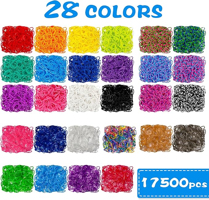 INSCRAFT 17500+ Rubber Loom Bands with 3 Layer Deep Blue Container, 28 Colors, 600 S-Clips, 352 Beads, 40 Cartoon Pendant, Bracelet Making Refill Kit for Kids