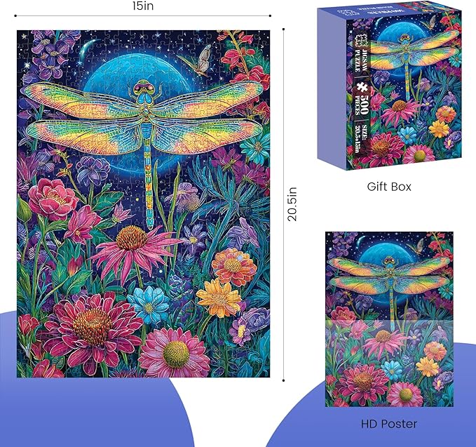 500 Piece Jigsaw Puzzles for Adults, Moonlit Dragonfly in Flower Garden Puzzles for Adults, Fun and Challenging Puzzle for Family Time, Relaxing Gift for Adults, Kids, Seniors, 20.5 x 15 in