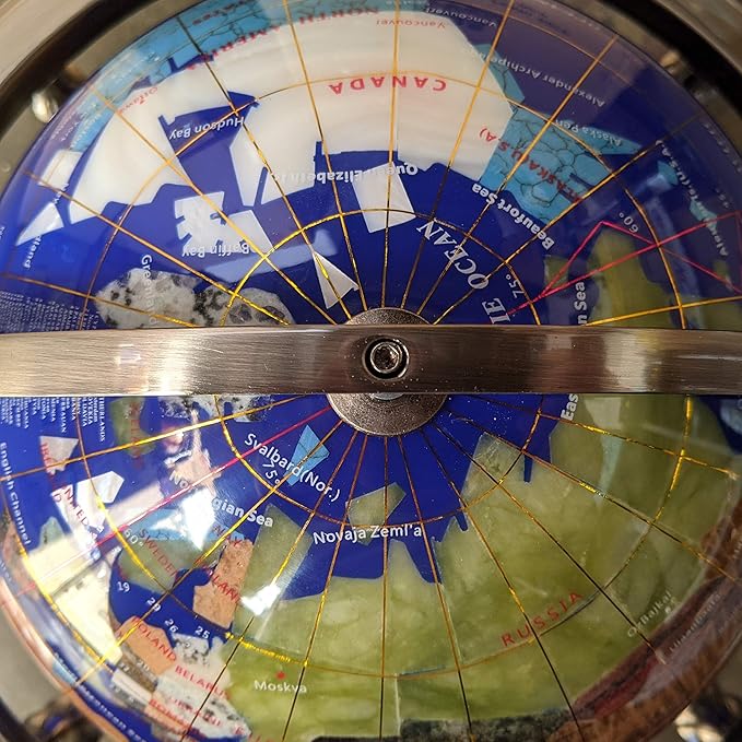 Limited Edition! Unique Art Since 1996 Blue Ocean Table Top Gemstone World Globe with 4-Legs Silver Zinc Alloy Stand (220MM/9 INCHES 4 LEG/BLUE OCEAN)