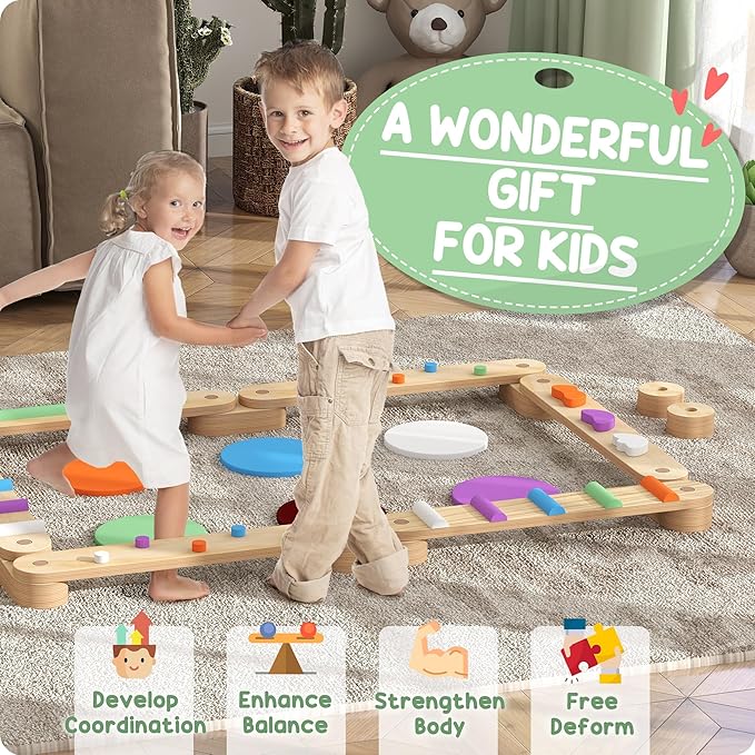 Qaba Kids Balance Beam, Wooden Balance Board with Stepping Stones, Gymnastics Obstacle Course for Toddlers 3-8 Years for Motor Skills Coordination, Indoor Outdoor Use